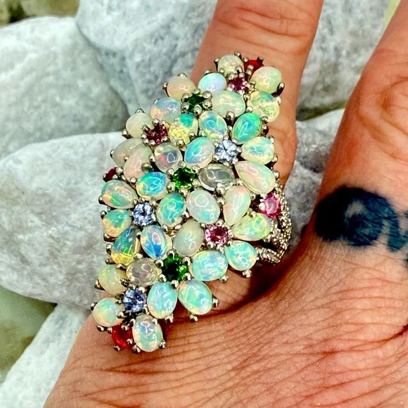 Premium Ethiopian Welo Opal & MultiGemstone 5.75 ctw Statement Ring Platinum/925 - Picture 14 of 17